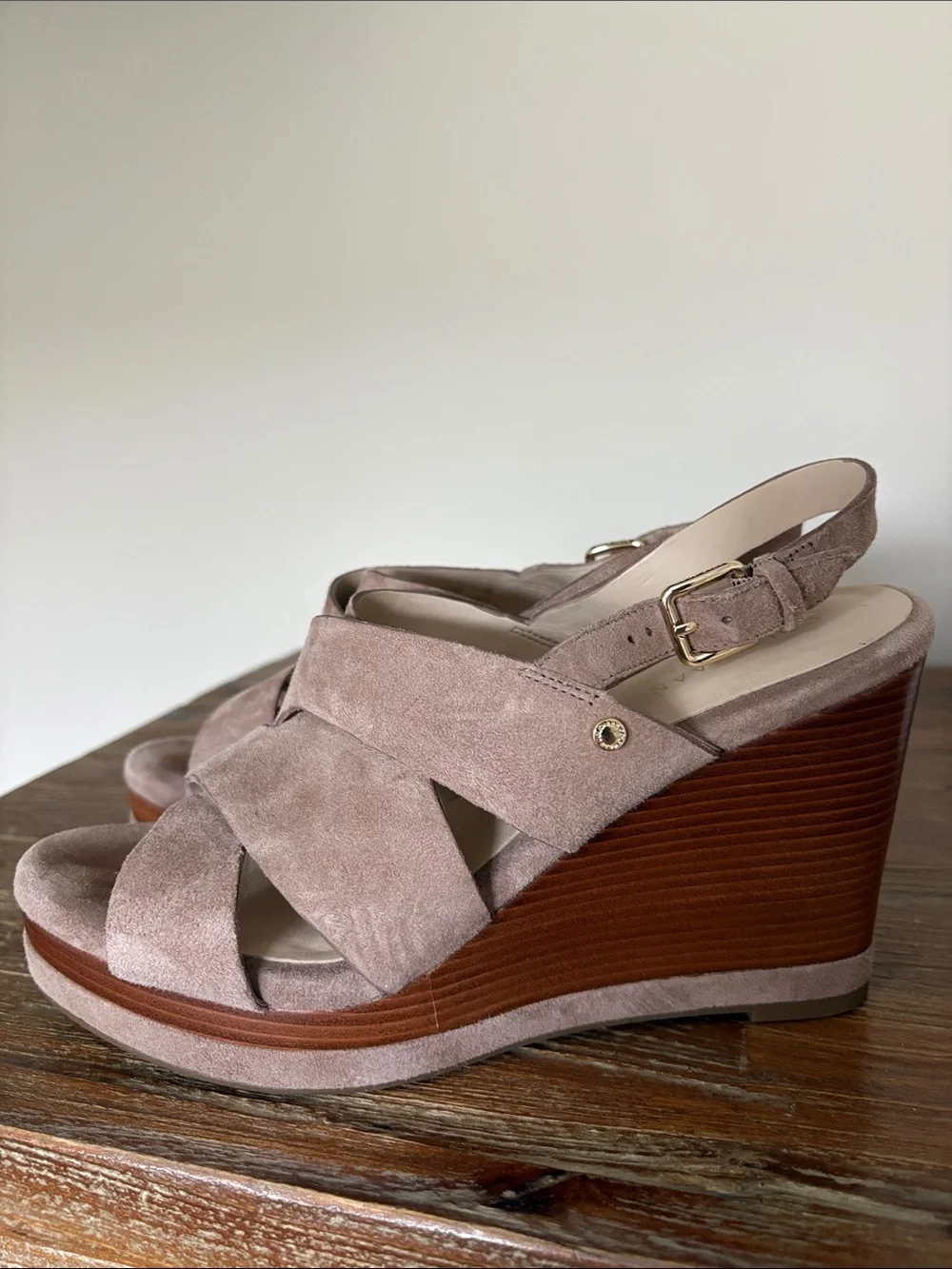 Cole Haan Taupe Suede Crisscross Wedge Sandals